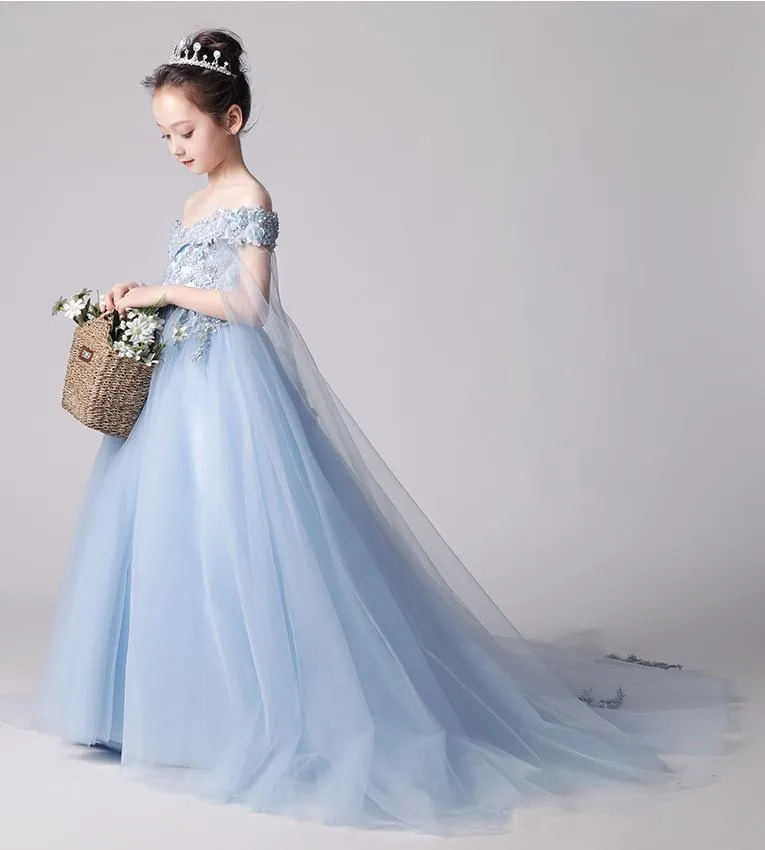 Beauty Blue Off the Shoulder Applique Flower Girl Dress,Long Sweep Train Flower Girl Dress F080