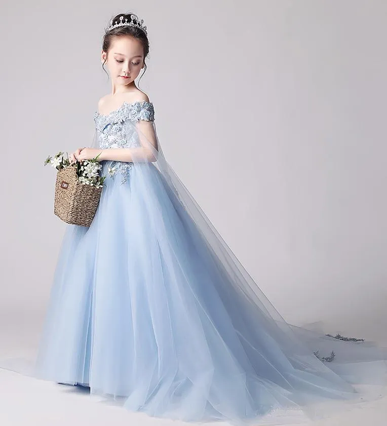 Beauty Blue Off the Shoulder Applique Flower Girl Dress,Long Sweep Train Flower Girl Dress F080