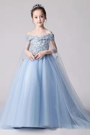 Beauty Blue Off the Shoulder Applique Flower Girl Dress,Long Sweep Train Flower Girl Dress F080