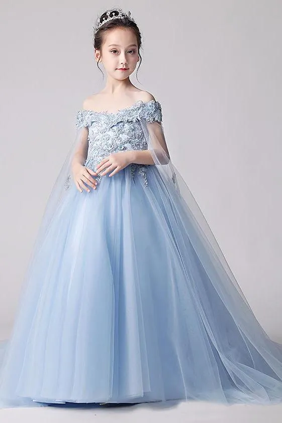 Beauty Blue Off the Shoulder Applique Flower Girl Dress,Long Sweep Train Flower Girl Dress F080