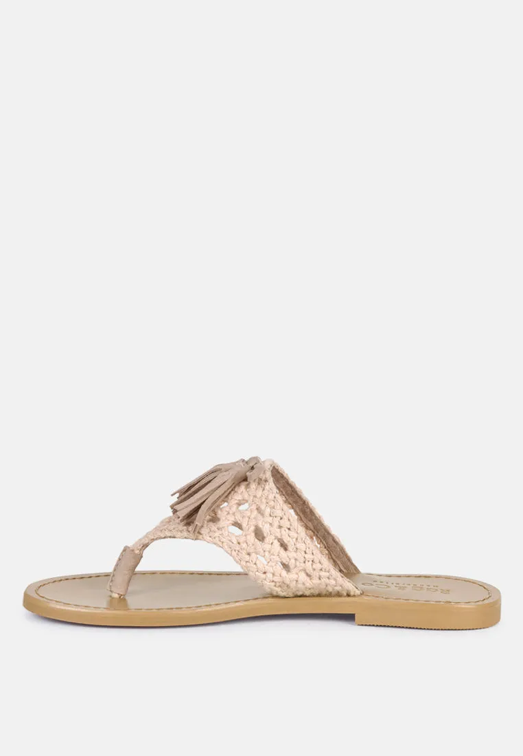 Beech Handwoven Natural Suede Tassel Thong Flats