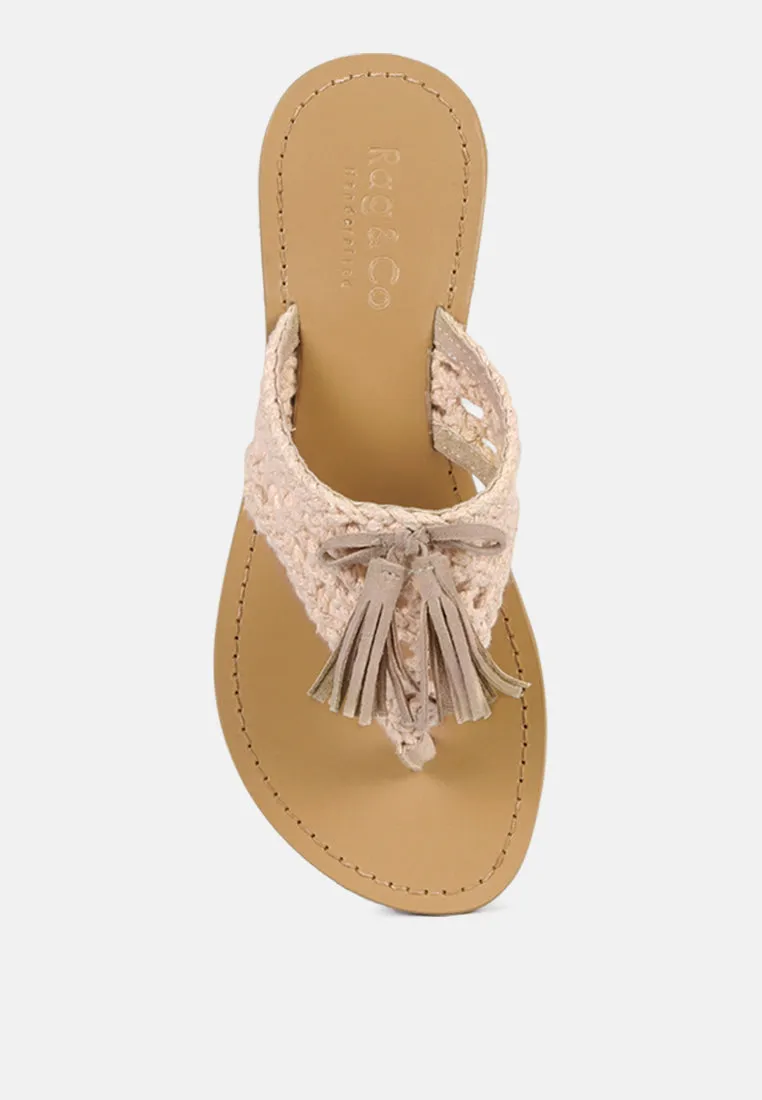 Beech Handwoven Natural Suede Tassel Thong Flats