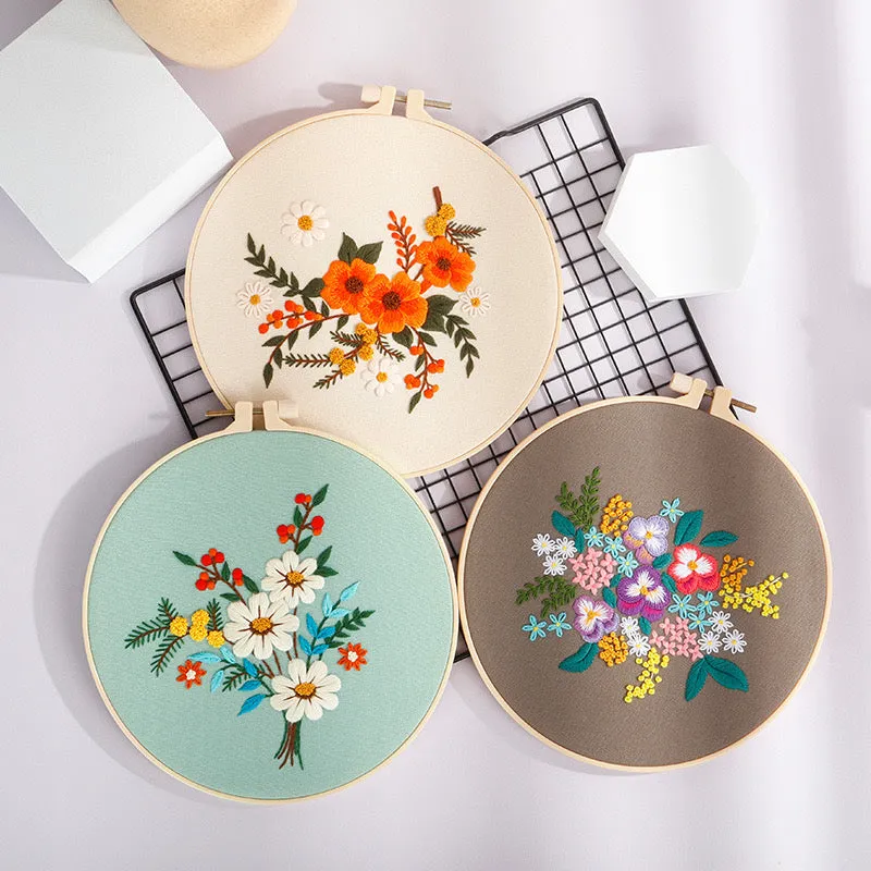 Beginners Flower Bouquet  Hand Embroidery DIY Kit 20cm