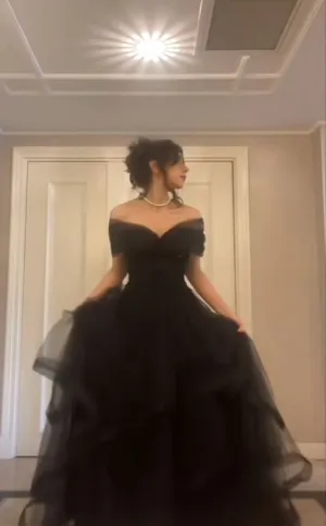 Black Off The Shoulder Tulle Long Prom Dress,Formal Graduation Dresses