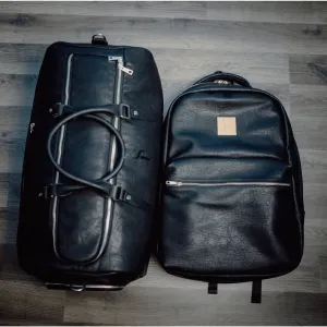 Black Tumbled Leather 2 Bag Set (Commuter Backpack and Duffle)