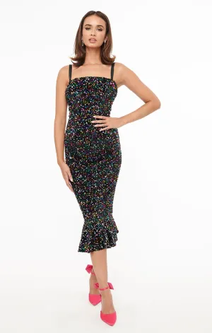 Black Velvet & Rainbow Sequin Wiggle Dress by Unique Vintage