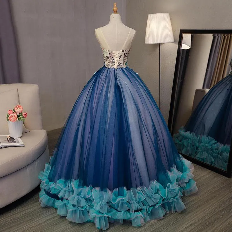 Blue Ball Gown V Neck Sleeveless Appliqued Tulle Prom Dress, Hot Quinceanera Dresses UQ2538