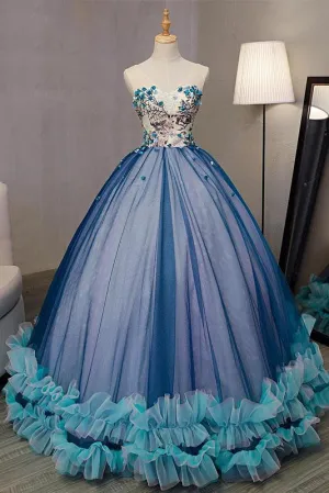 Blue Ball Gown V Neck Sleeveless Appliqued Tulle Prom Dress, Hot Quinceanera Dresses UQ2538