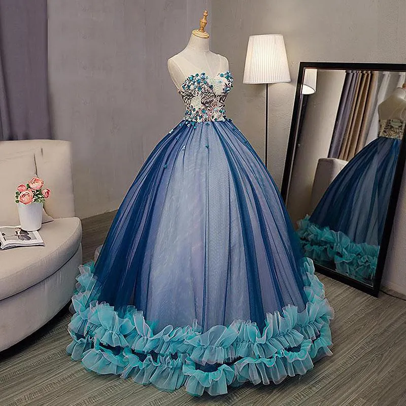 Blue Ball Gown V Neck Sleeveless Appliqued Tulle Prom Dress, Hot Quinceanera Dresses UQ2538