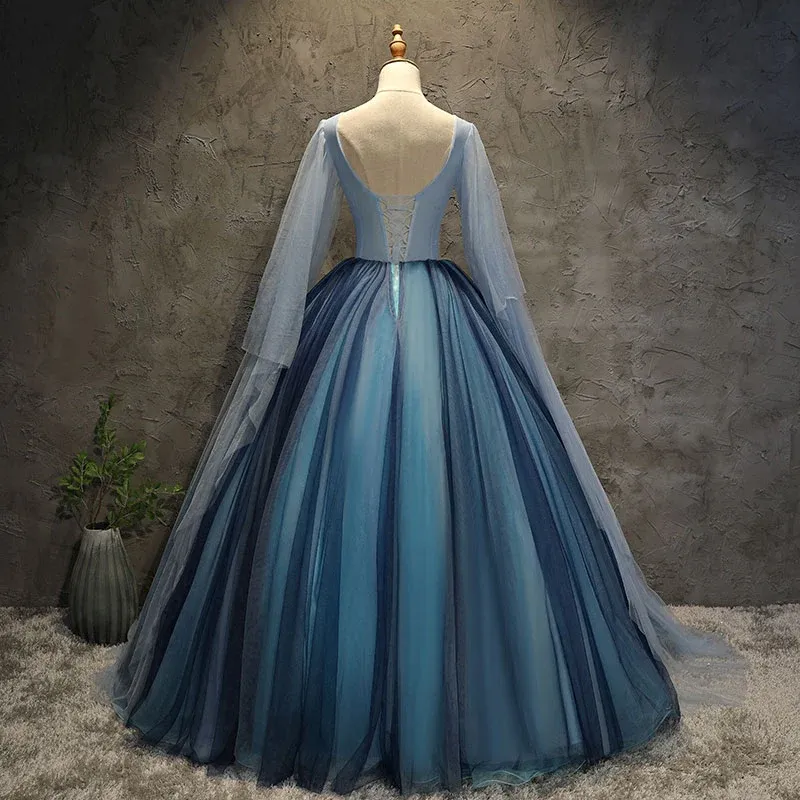 Blue Tulle Ball Gown Long Sweet 16 Dress With Lace Applique, Prom Dress gh251