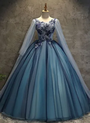 Blue Tulle Ball Gown Long Sweet 16 Dress With Lace Applique, Prom Dress gh251