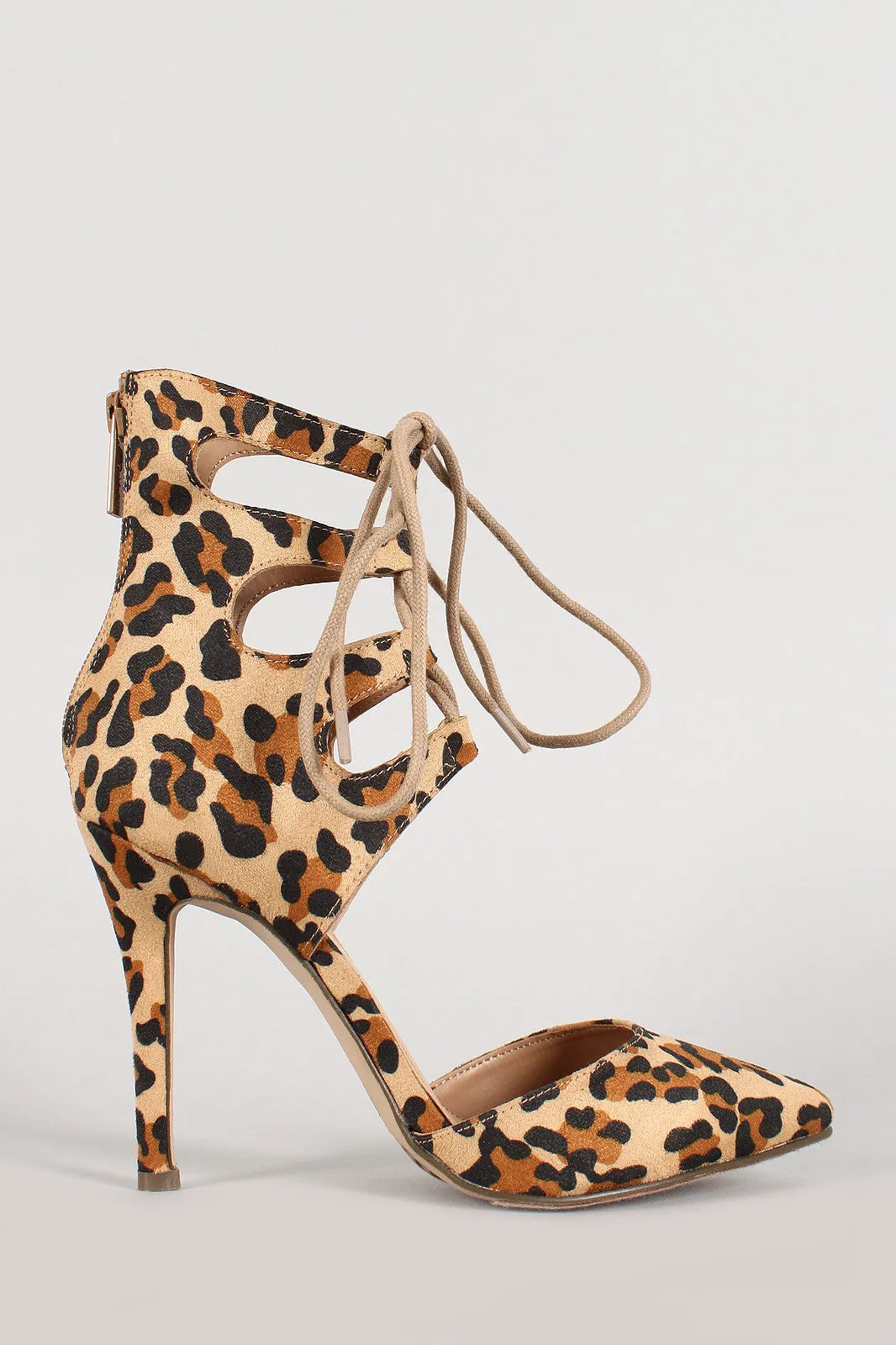 Breckelle Leopard Pointy Toe Ankle Cuff Lace Up Pump