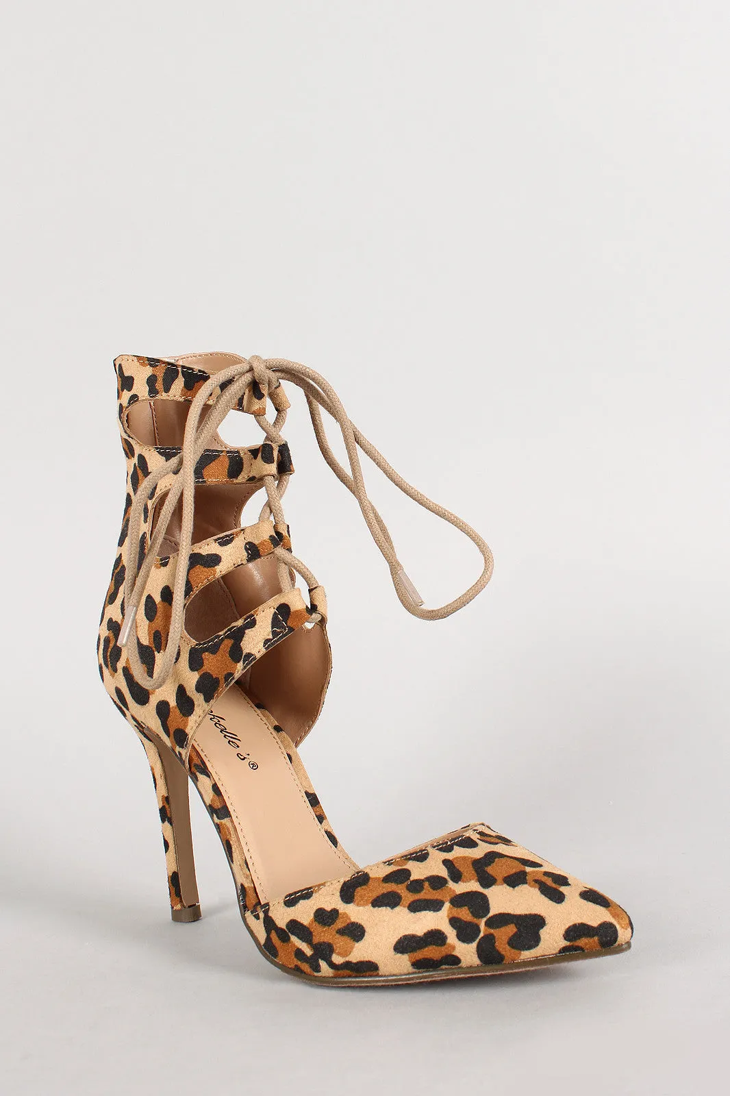 Breckelle Leopard Pointy Toe Ankle Cuff Lace Up Pump