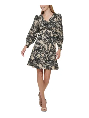 CALVIN KLEIN Womens Beige Zippered Shirred Floral Cuffed Sleeve V Neck Above The Knee Wear To Work Empire Waist Dress