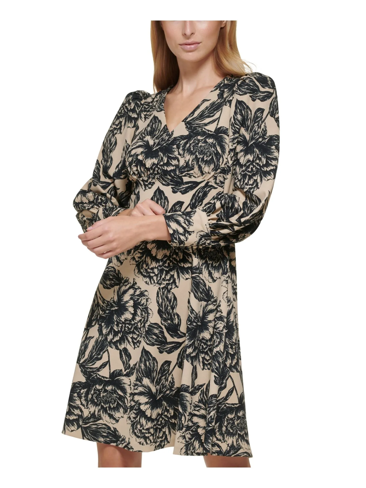 CALVIN KLEIN Womens Beige Zippered Shirred Floral Cuffed Sleeve V Neck Above The Knee Wear To Work Empire Waist Dress