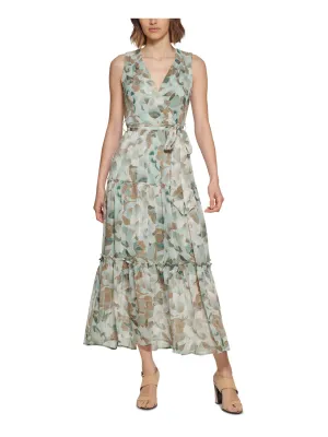 CALVIN KLEIN Womens Green Zippered Sheer Lined Tie Belt Tiered Printed Sleeveless Surplice Neckline Maxi Fit   Flare Dress