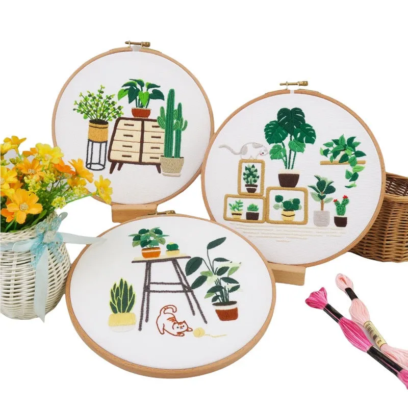 Cat & Plants DIY Hand Embroidery Kit 20cm