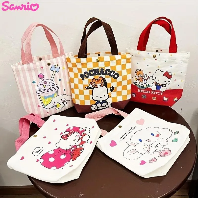 Charming Sanrio Character Canvas Tote Bag, Durable Cute Melody Kulomi Pachacoo Print, Spacious Portable Storage for School & Travel