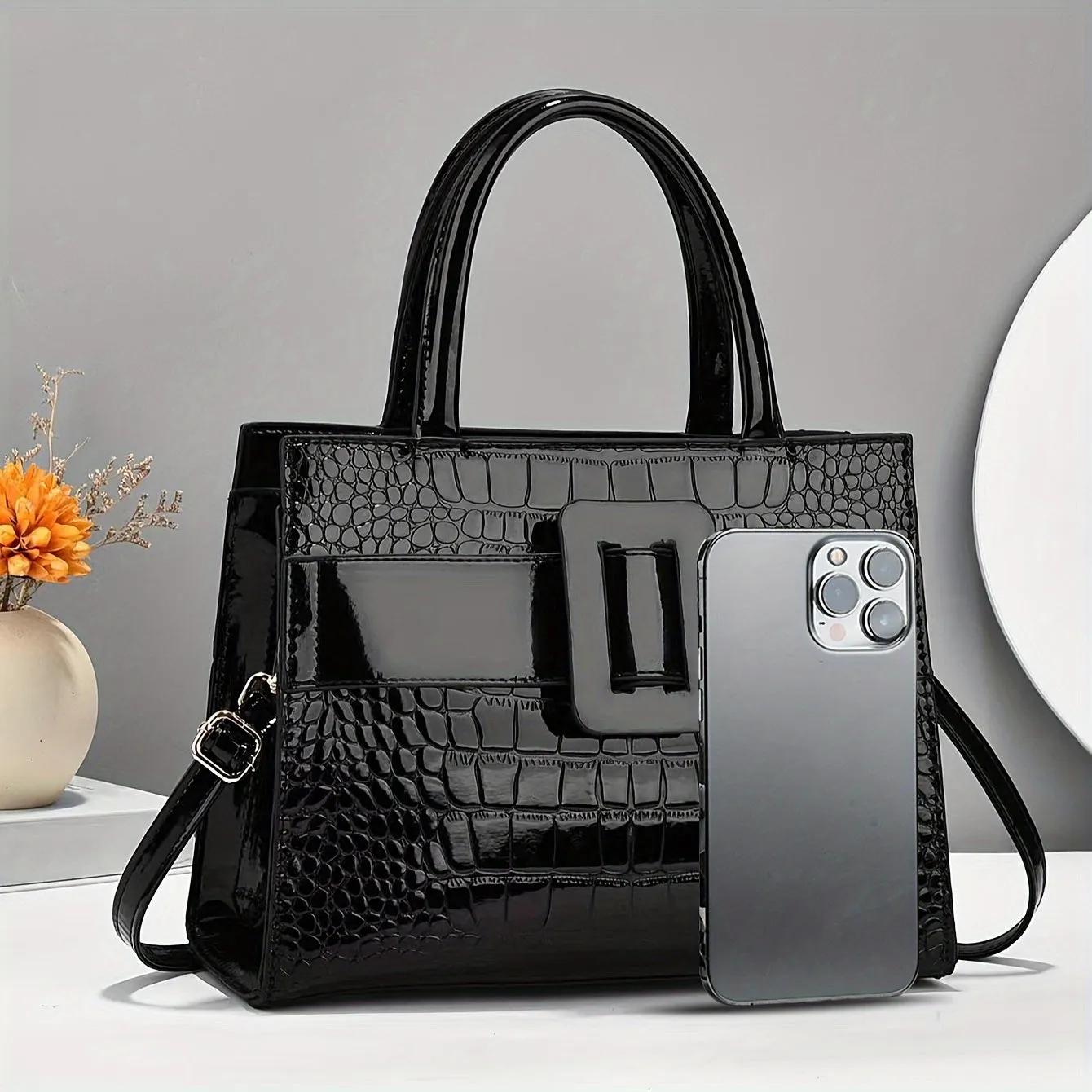 Chic Crocodile-Embossed Handbag with Secure Buckle - Versatile & Spacious for All Occasions