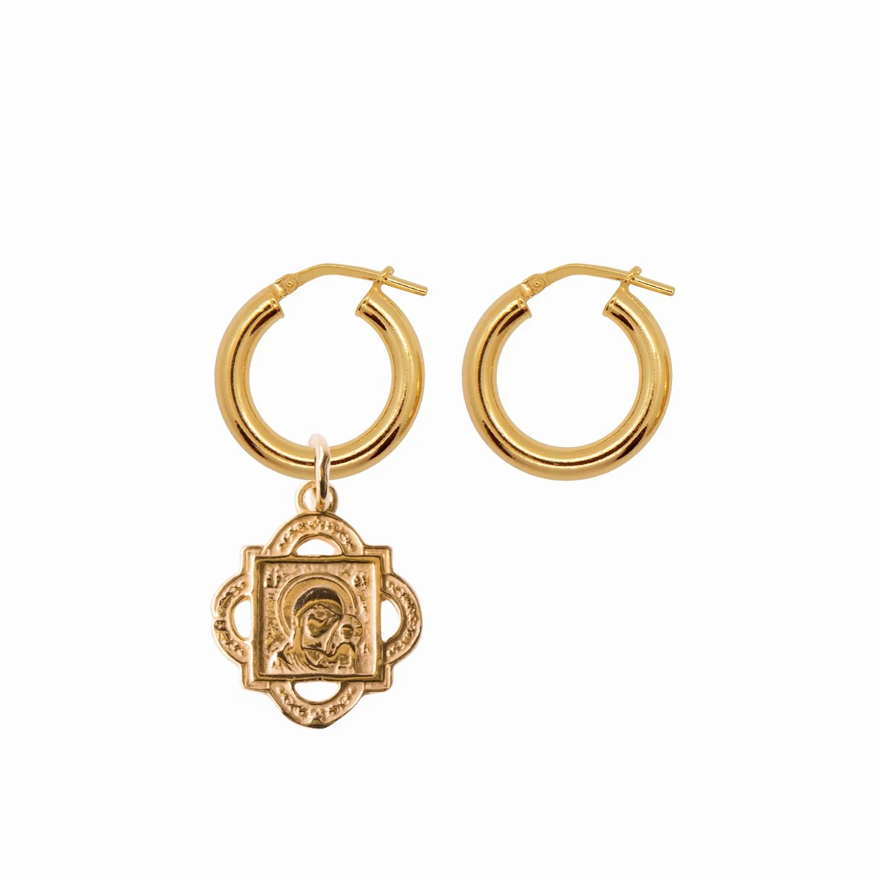 Chunky Hoop Earrings with Quatrefoil Pendant - Gold-Plated Silver