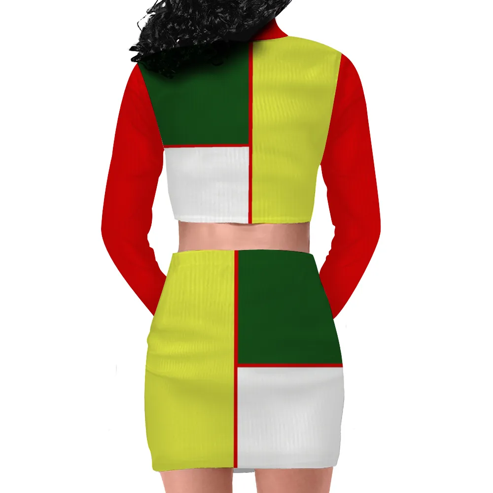 Color Block Astute Women's Two Piece Outfits Long Sleeve Zip Up Top and Short Skirt Set