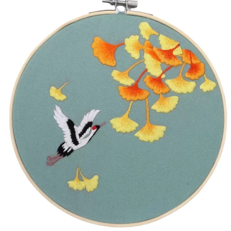 Crane & Apricot Tree Needle Painting  Hand Embroidery Kit 8”