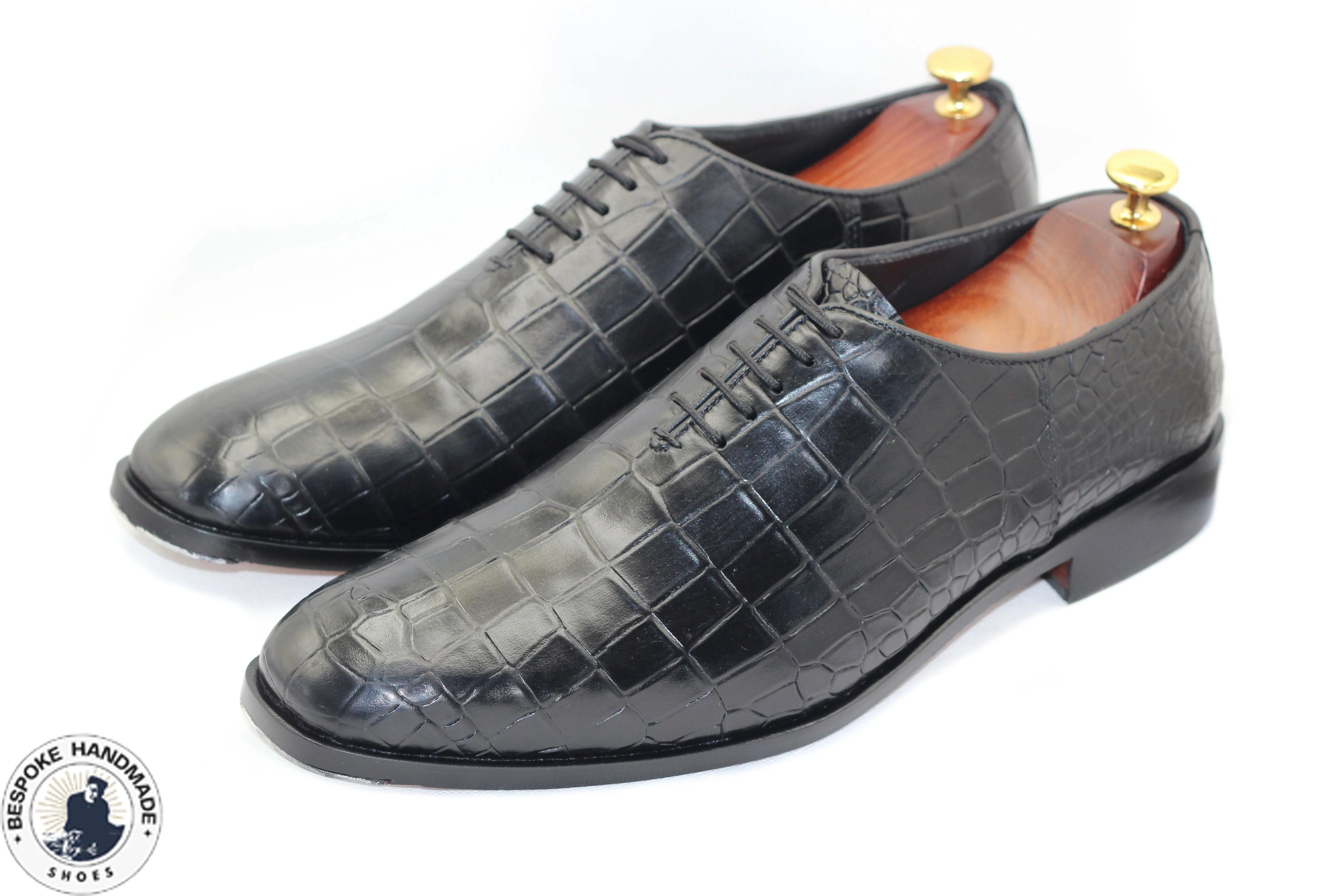 Custom Made Men's Black Alligator Print Leather Oxford Toe Cap Brogue Formal ,Dress Shoes For Men's