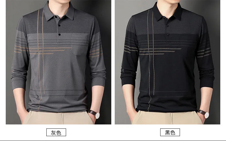 Dad's Autumn New Long Sleeve T-shirt Men's True Pocket Pocket Middle aged and Old Men's Polo Shirt with Polo Collar