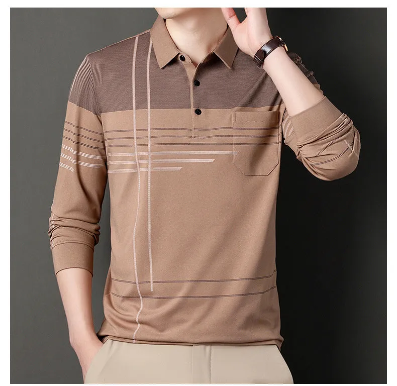 Dad's Autumn New Long Sleeve T-shirt Men's True Pocket Pocket Middle aged and Old Men's Polo Shirt with Polo Collar