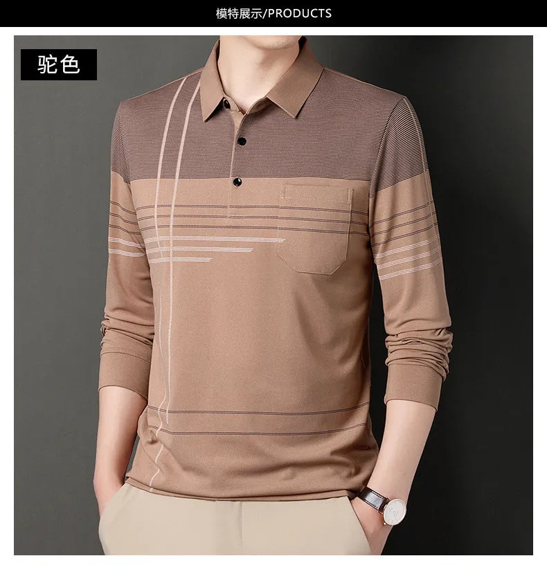 Dad's Autumn New Long Sleeve T-shirt Men's True Pocket Pocket Middle aged and Old Men's Polo Shirt with Polo Collar