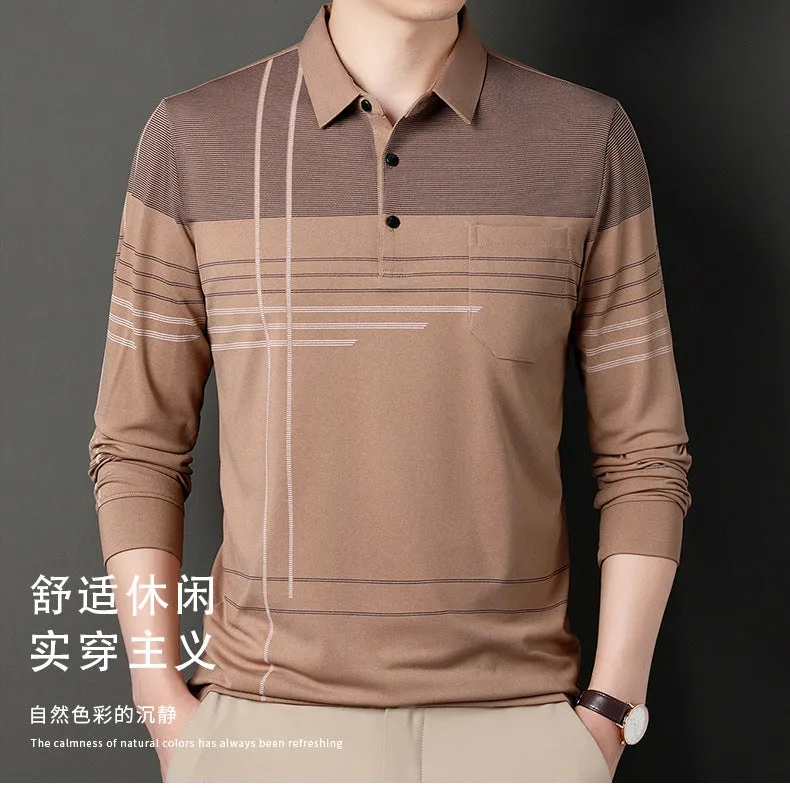 Dad's Autumn New Long Sleeve T-shirt Men's True Pocket Pocket Middle aged and Old Men's Polo Shirt with Polo Collar