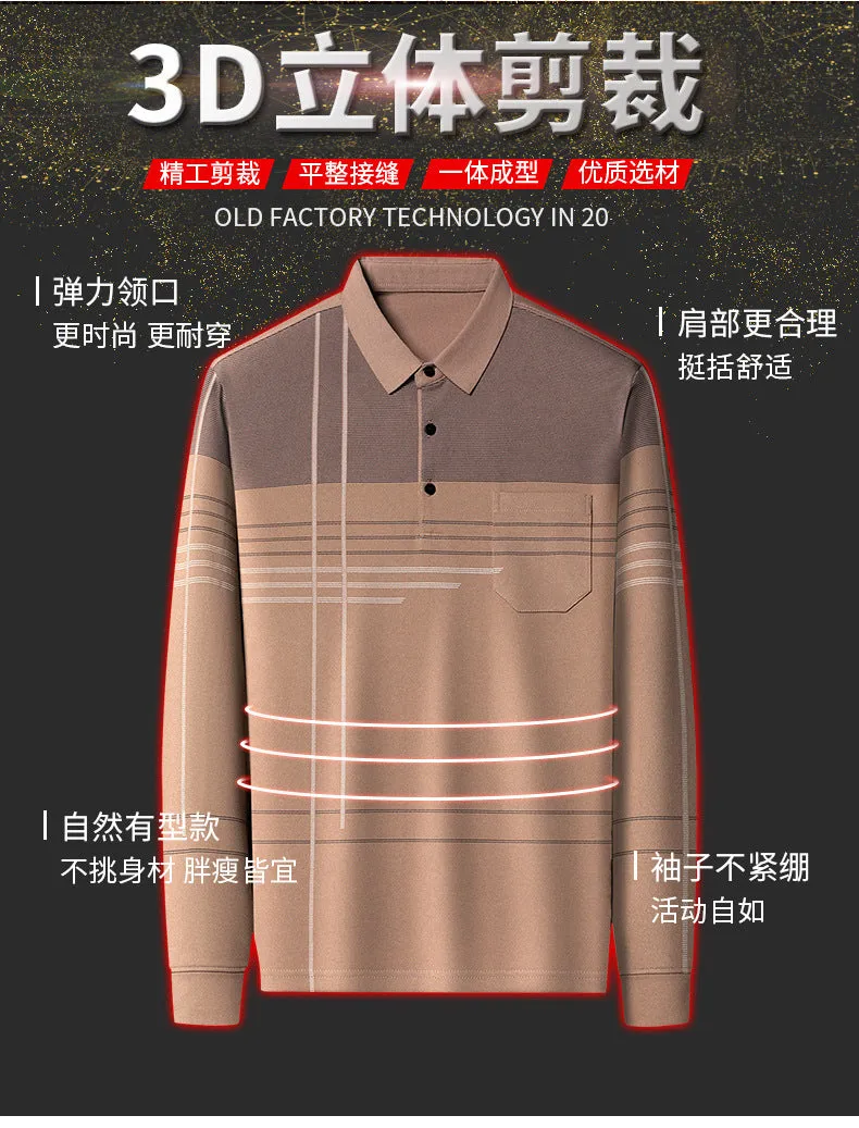 Dad's Autumn New Long Sleeve T-shirt Men's True Pocket Pocket Middle aged and Old Men's Polo Shirt with Polo Collar