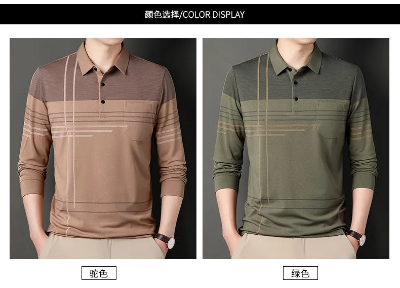 Dad's Autumn New Long Sleeve T-shirt Men's True Pocket Pocket Middle aged and Old Men's Polo Shirt with Polo Collar