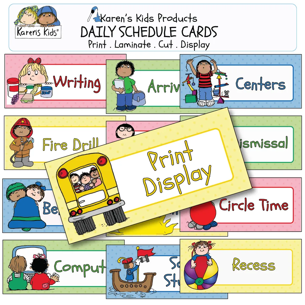 DAILY SCHEDULE CARDS with Colorful Dots Designs (Karen's Kids Editable Printables)