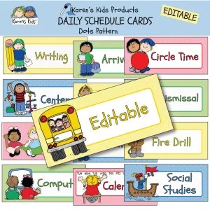 DAILY SCHEDULE CARDS with Colorful Dots Designs (Karen's Kids Editable Printables)