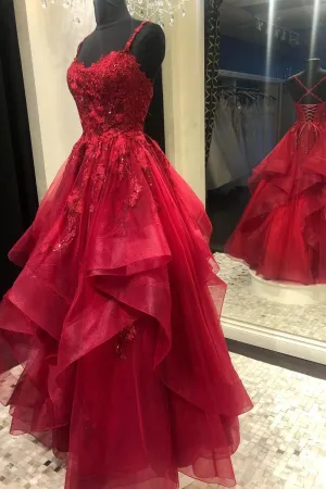 Dark Red Long Prom Dress,Trending Formal Dresses Ruffled Skirt