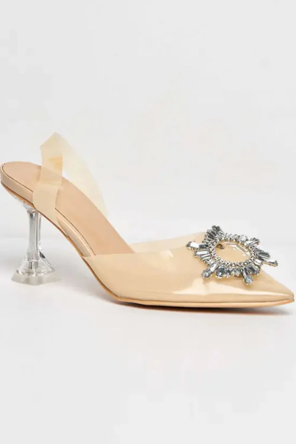 Diamante Brooch Slingback Perspex Court Shoes In Nude