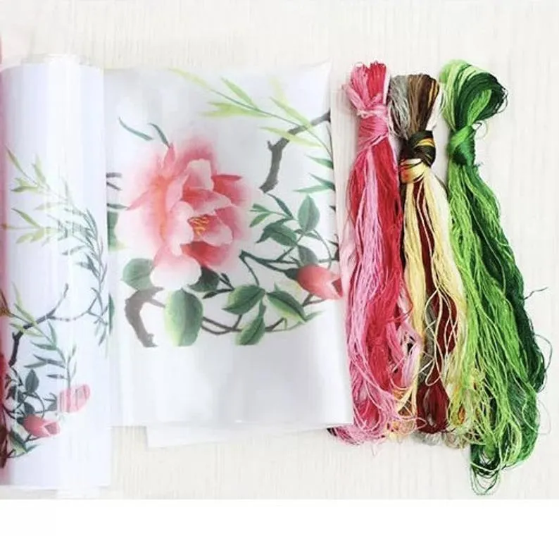 DIY Silk Embroidery kit Lotus & Fishes 20cm