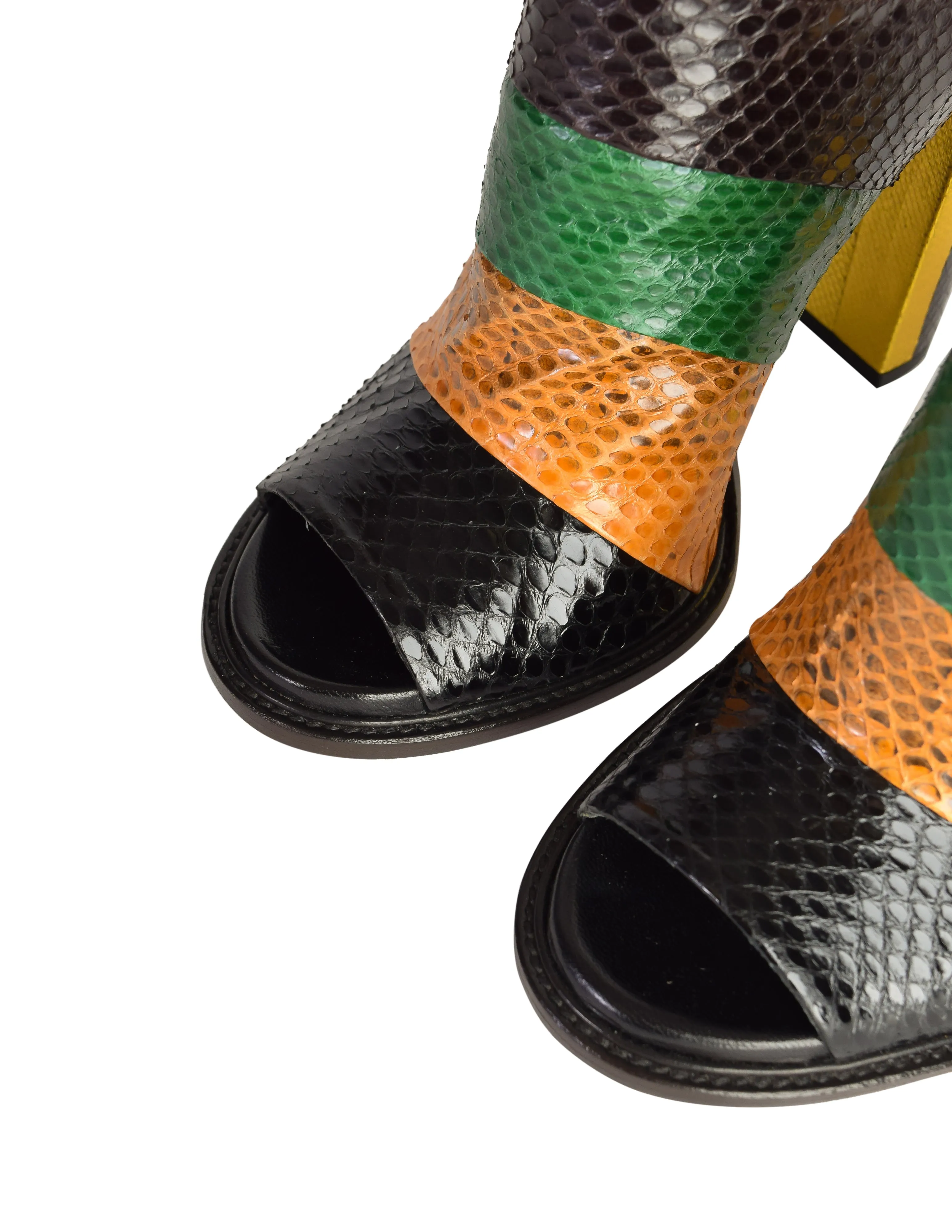 Dries Van Noten Brown Green Black Gold Striped Colorblock Snakeskin Open Toe Heels