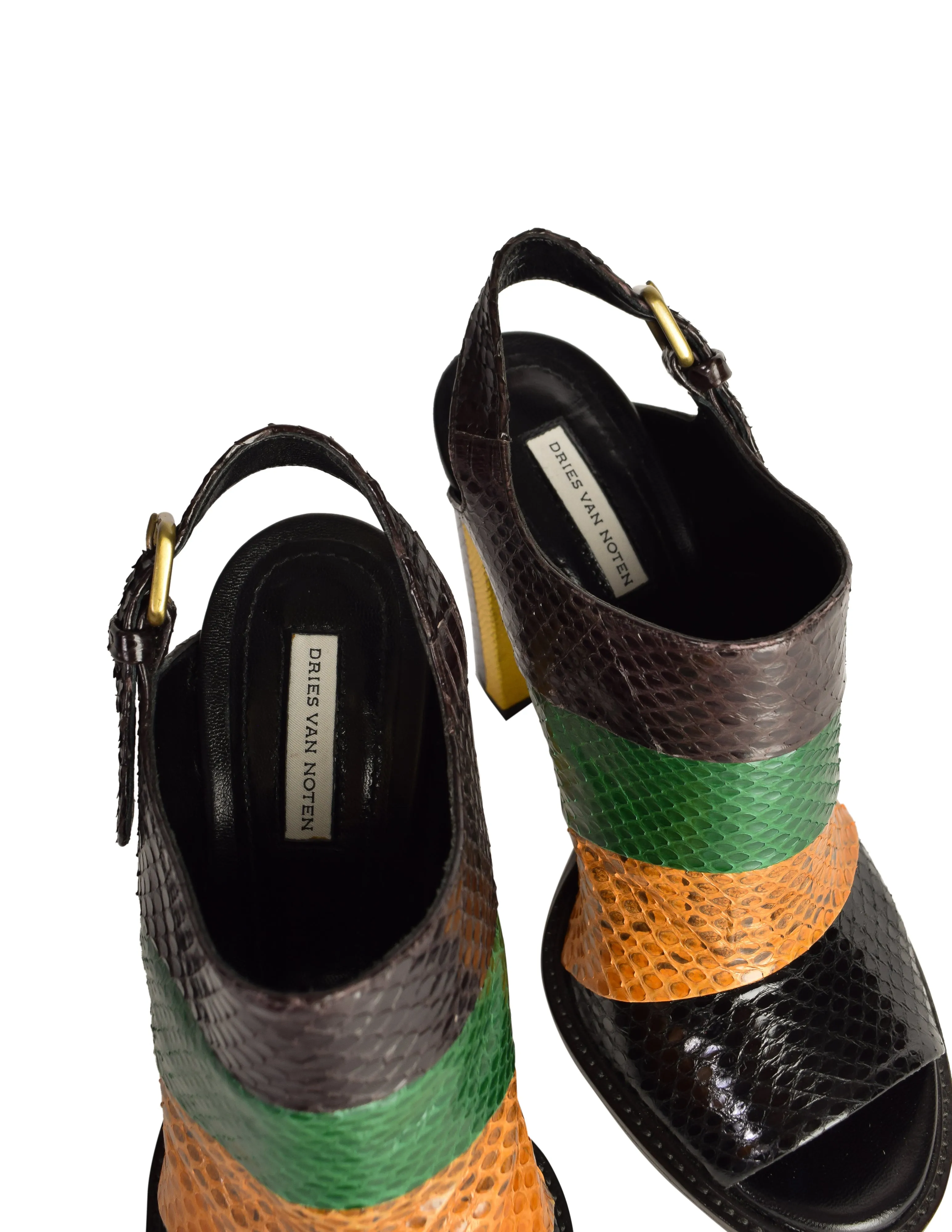 Dries Van Noten Brown Green Black Gold Striped Colorblock Snakeskin Open Toe Heels