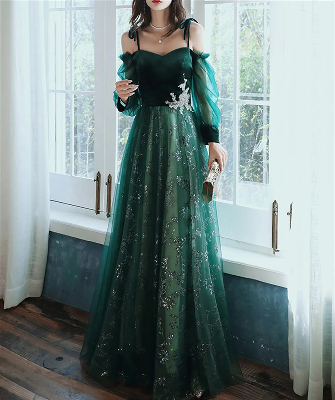 Elegant Dark Green Tulle Stunning Prom Dresses Wedding Party Dress