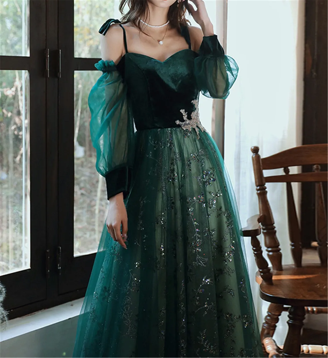 Elegant Dark Green Tulle Stunning Prom Dresses Wedding Party Dress