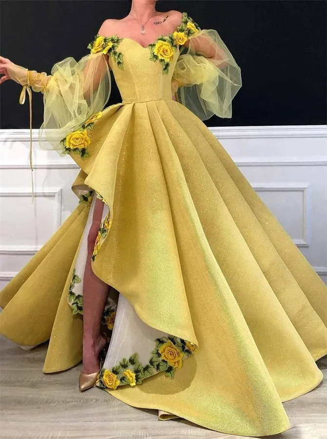 Fancy Yellow Ball Gown Off The Shoulder Long Sleeves Prom Dress, Evening Dress ZIK009