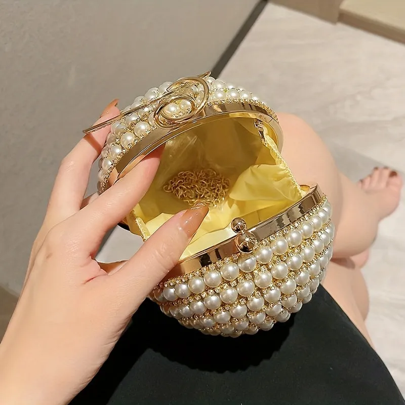 Glamorous Faux Pearl & Rhinestone Ball Clutch - Sparkling Evening Handbag for Weddings, Proms & Parties - Womens Fashion Purse