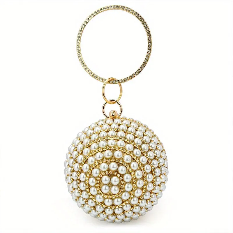 Glamorous Faux Pearl & Rhinestone Ball Clutch - Sparkling Evening Handbag for Weddings, Proms & Parties - Womens Fashion Purse