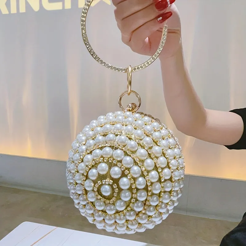 Glamorous Faux Pearl & Rhinestone Ball Clutch - Sparkling Evening Handbag for Weddings, Proms & Parties - Womens Fashion Purse