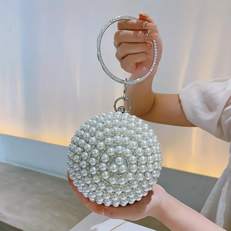 Glamorous Faux Pearl & Rhinestone Ball Clutch - Sparkling Evening Handbag for Weddings, Proms & Parties - Womens Fashion Purse