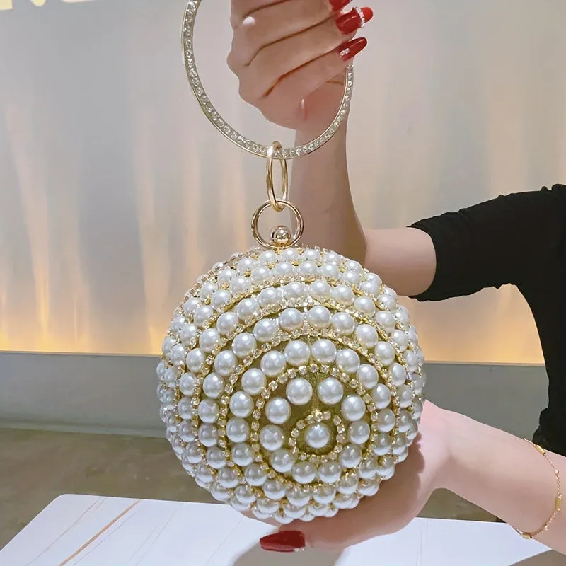 Glamorous Faux Pearl & Rhinestone Ball Clutch - Sparkling Evening Handbag for Weddings, Proms & Parties - Womens Fashion Purse