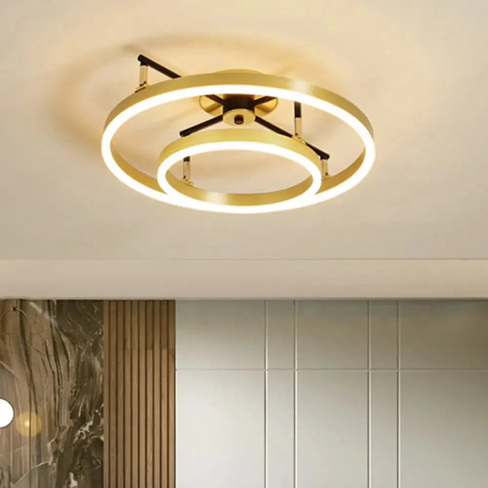 Gold Double Hoop Semi Flush Mount LED Ceiling Light Fixture in Warm/White Light, 19.5/23.5 Inch Wide