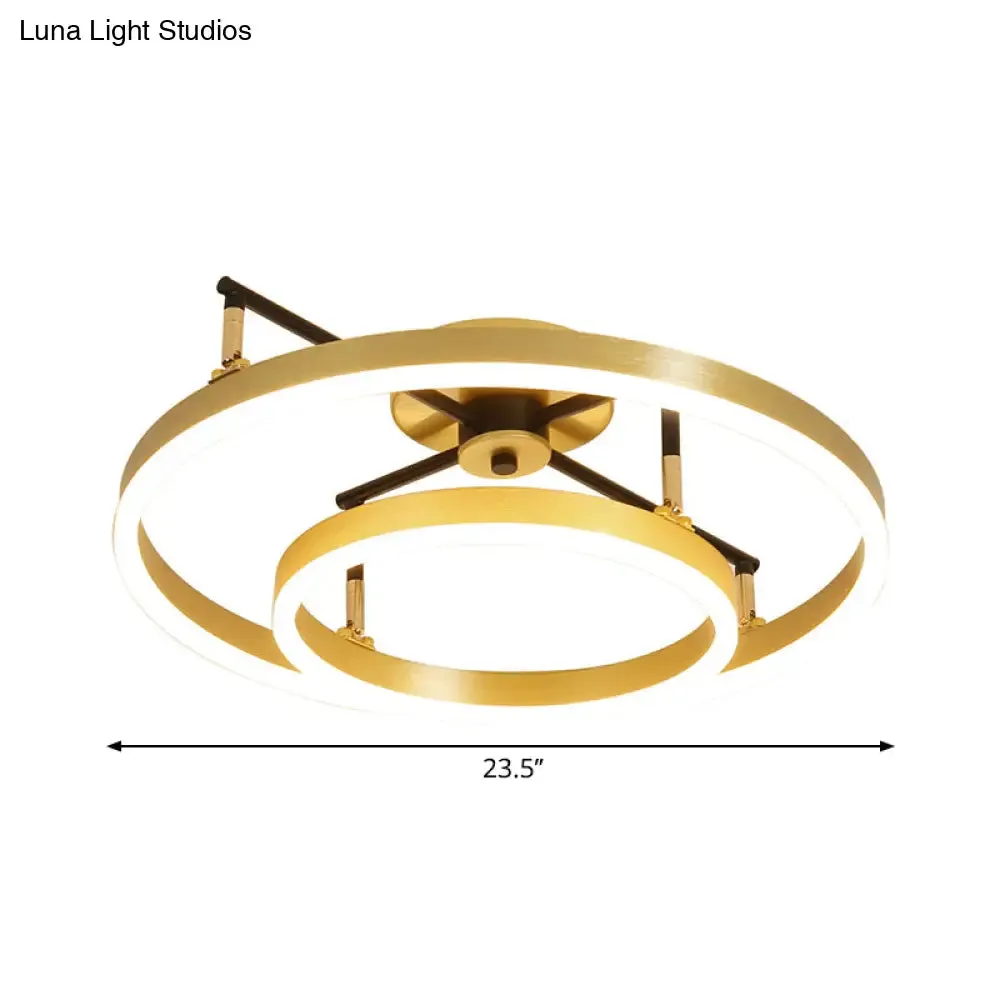 Gold Double Hoop Semi Flush Mount LED Ceiling Light Fixture in Warm/White Light, 19.5/23.5 Inch Wide